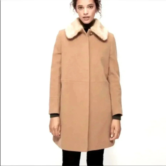 Jackets & Blazers - Vintage COAT TAN WOOL BLEND ATTACHED  FUR COLLAR  MIDI PEACOAT SIZE MEDIUM